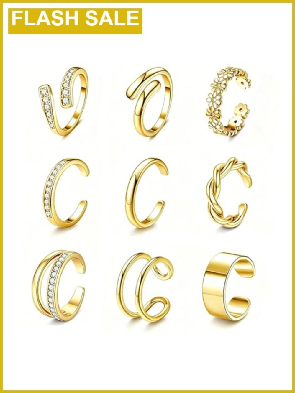 9PCS Non Tarnish 14K Gold Plated Toe Rings Set Adjustable CZ Waterproof